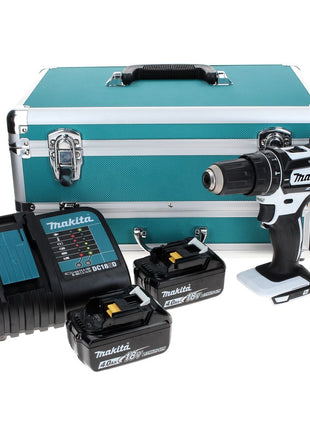 Makita DHP 482 SMTX W taladro percutor inalámbrico 18 V 62 Nm blanco + 2x baterías 4,0 Ah + cargador + juego de brocas 70 piezas + maletín de aluminio TX