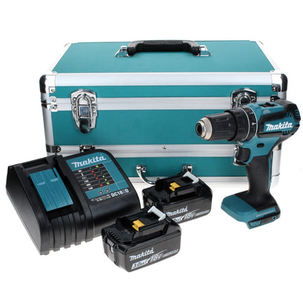 Makita DHP 485 SFTX perceuse à percussion sans fil 18 V 50 Nm sans balais + 2 batteries 3,0 Ah + chargeur + jeu de 70 forets + coffret en aluminium TX