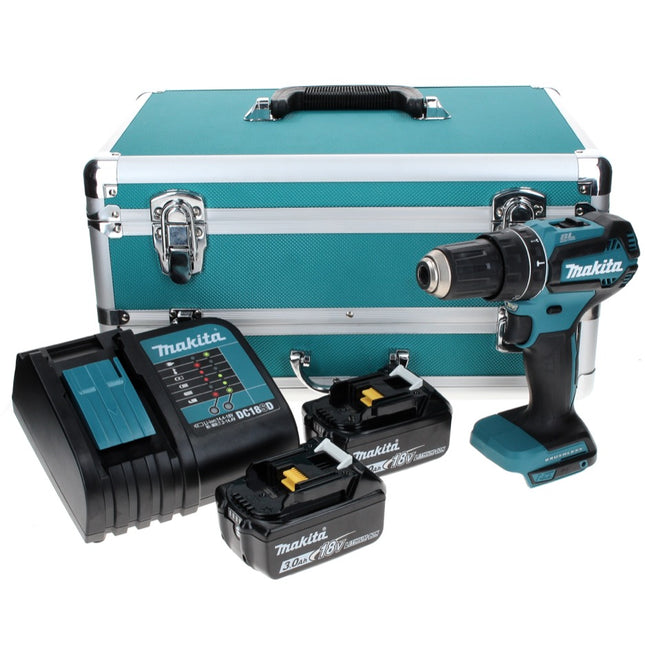 Makita DHP 485 SFTX perceuse à percussion sans fil 18 V 50 Nm sans balais + 2 batteries 3,0 Ah + chargeur + jeu de 70 forets + coffret en aluminium TX
