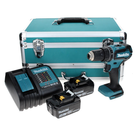 Taladro percutor a batería Makita DHP 485 SFTX 18 V 50 Nm sin escobillas + 2x baterías 3,0 Ah + cargador + juego de brocas de 70 piezas + maletín de aluminio TX