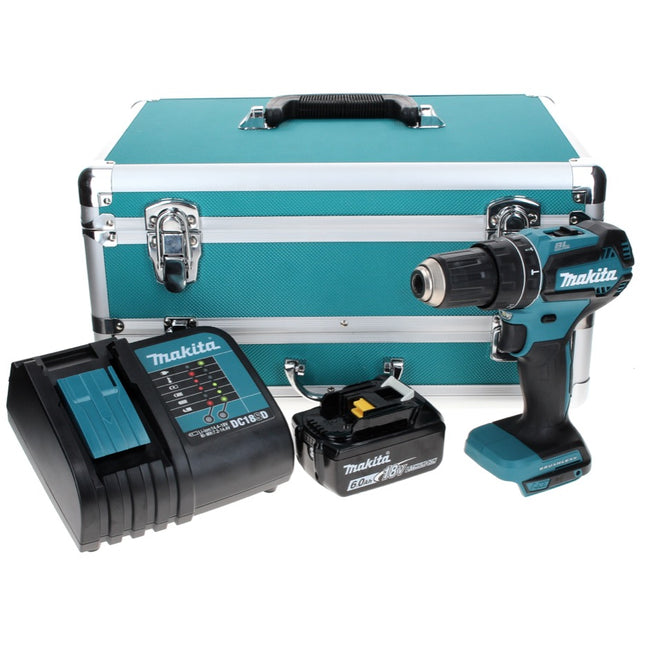 Makita DHP 485 SG1TX Perceuse-visseuse à percussion sans fil 18 V 50 Nm Brushless + 1x Batterie 6,0 Ah + Chargeur + Jeu de mèches 70 pièces + Coffret en aluminium TX