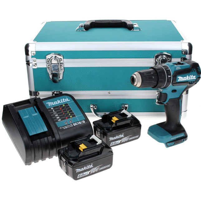 Makita DHP 485 SGTX Perceuse à percussion sans fil 18 V 50 Nm Brushless + 2x Batteries 6,0 Ah + Chargeur + Jeu de mèches 70 pièces + Coffret en aluminium TX