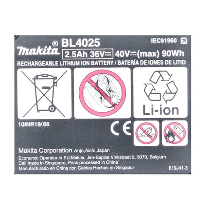 Makita BL 4025 Batterie 40 V max. 2,5 Ah XGT Li-Ion ( 191B36-3 ) IP64 classe de protection avec indicateur LED