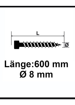 SPAX IN.FORCE Vis 8,0 x 600 mm, 25 pcs. Torx T-STAR Plus T40, Tête cylindrique, Filetage total, WIROX, CUT, Pointe de perçage (1221010806005 )