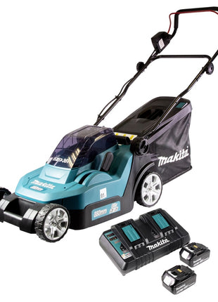 Makita DLM 432 PT2 Tondeuse à gazon sans fil 36 V ( 2x 18 V ) 43 cm Brushless + 2x Batteries 5,0 Ah + Chargeur double