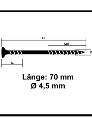 SPAX Vis pour façade 4,5 x 70mm - Acier inoxydable A2 - Filetage de fixation - Tête fraisée bombée - T-STAR Plus Torx T20 - CUT 500 pcs. (5x 25470004507022)