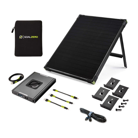 Goal Zero Sherpa 100 AC Power Bank USB C 14.8V 6.4Ah + Funda de protección + Panel solar Boulder 50 22V 50W 3.5A + Cable de extensión de 4.5m + Kit de montaje Boulder