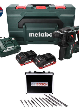 Taladro percutor de batería Metabo BH 18 LTX BL 16 18 V 1,3 J SDS-plus sin escobillas + 2x baterías 4,0 Ah + cargador + juego de taladro y cincel 11 piezas certificado PGM + MetaBOX.