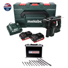 Taladro percutor de batería Metabo BH 18 LTX BL 16 18 V 1,3 J SDS-plus sin escobillas + 2x baterías 4,0 Ah + cargador + juego de taladro y cincel 11 piezas certificado PGM + MetaBOX.