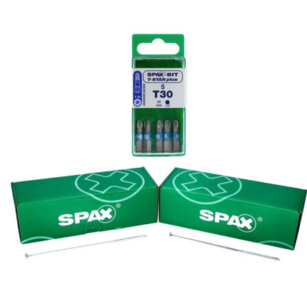 SPAX Set d'embouts T-STAR plus T30 - 6,4 x 25 mm, 5 pcs. + Vis à tête plate HI.FORCE 6,0 x 200 mm 50 pcs. (5000009182309) (0251010602005)