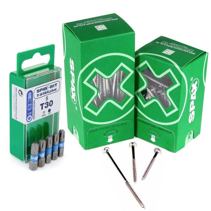 SPAX Set d'embouts T-STAR plus T30 - 6,4 x 25 mm, 5 pcs. + Vis à tête plate HI.FORCE 6,0 x 80 mm 200 pcs. (5000009182309) (0251010600805)