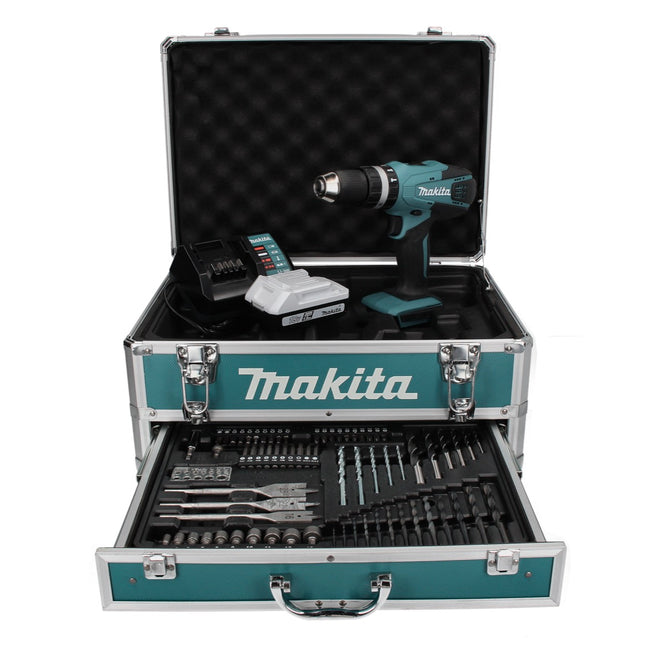 Makita HP 457 DWX4 Perceuse à percussion sans fil 42 Nm Série G 18 V + 1x Batterie 1,5 Ah + Chargeur + Coffret de mèches, 70pcs. + Coffret