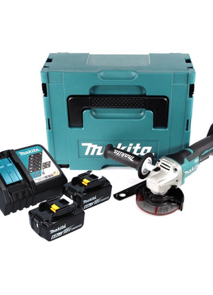 Amoladora angular a batería Makita DGA 458 RGJ 18 V 115 mm sin escobillas + 2x baterías 6,0 Ah + cargador + Makpac