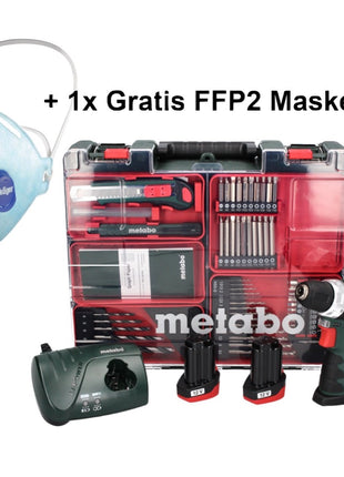 Metabo PowerMaxx BS Basic Set Perceuse-visseuse sans fil 10,8 V 34 Nm ( 600080880 ) + 2x batterie 2,0 Ah + chargeur + 64 pces set de forets à embouts + 1x masque FFP2 + coffret