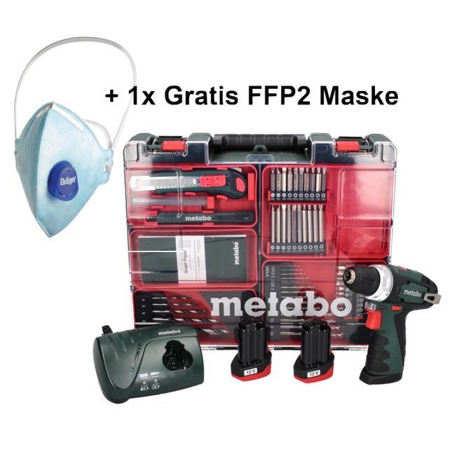 Metabo PowerMaxx BS Basic Set Perceuse-visseuse sans fil 10,8 V 34 Nm ( 600080880 ) + 2x batterie 2,0 Ah + chargeur + 64 pces set de forets à embouts + 1x masque FFP2 + coffret