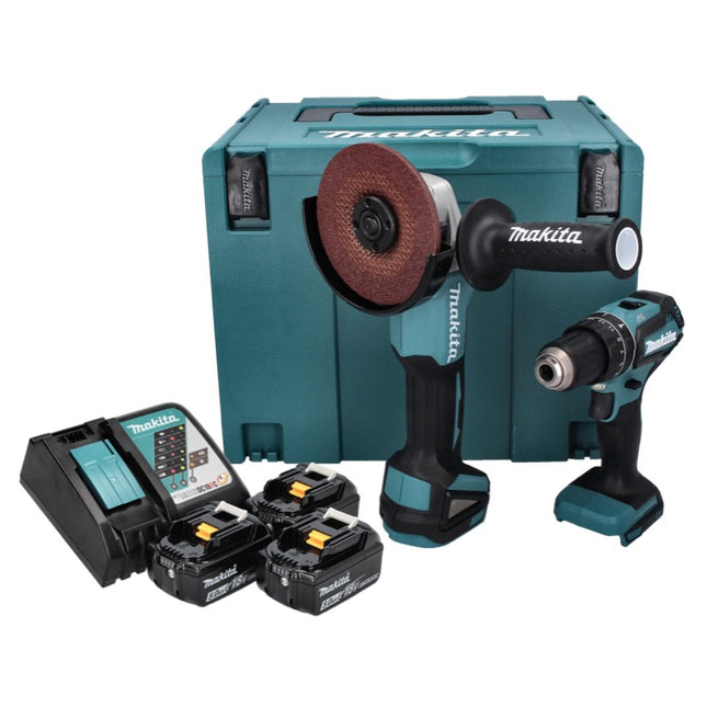 Makita DLX 2334 J Kit Kombo sans fil 18 V : 1x DHP 485 50 Nm sans balai + 1x DGA 504 125 mm sans balai + 3x Batteries 3,0 Ah + Chargeur + Coffret Makpac