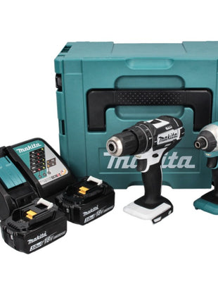 Makita DLX 2131 J kit combinado de batería 18 V con DHP 482 blanco 62 Nm + DTD 152 165 Nm + 2x batería 3,0 Ah + cargador + Makpac