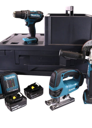 Makita DHP 482 STMX Akku Schlagbohrschrauber 18 V 62 Nm + DJV 180 Stichsäge + DGA 504 Winkelschleifer 125 mm + 2x Akku 5,0 Ah + Ladegerät + 2x Makbox + Rollbrett