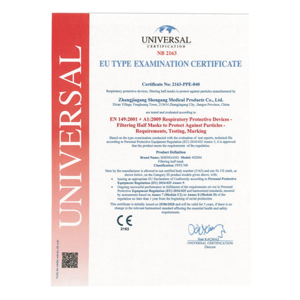 Shengang Masques 60x FFP2 certifié CE conforme à la pharmacie protection de la bouche et du nez 5 couches ISO9001: 2015 / EN149 2001 A1: 2009