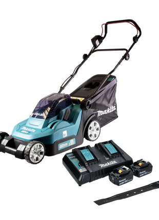 Makita DLM 382 PT2 tondeuse à gazon sans fil 36 V (2x 18 V) 38 cm 40 l + 2x batterie 5,0 Ah + double chargeur + lame faucille