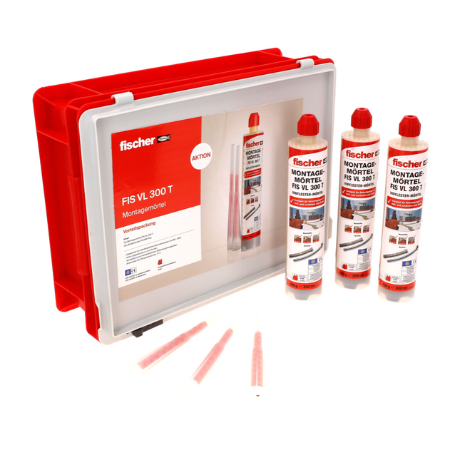Fischer FIS VL 300 T Mortier d'injection bi-composant à base d'ester vinylique + 10x Cartouches + 20x Mélangeurs statiques + Coffret de travail HWK K ( 558724 )