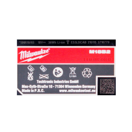 Milwaukee M18 B2 Batterie 18 V / 2,0 Ah / 2000 mAh ROUGE Li-Ion ( 4932430062 )