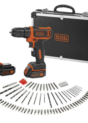 Taladro atornillador inalámbrico Black &amp; Decker BDCDD12BAFC-QW 10,8 V 26 Nm + 2x baterías 1,5 Ah + cargador 100 piezas + estuche.