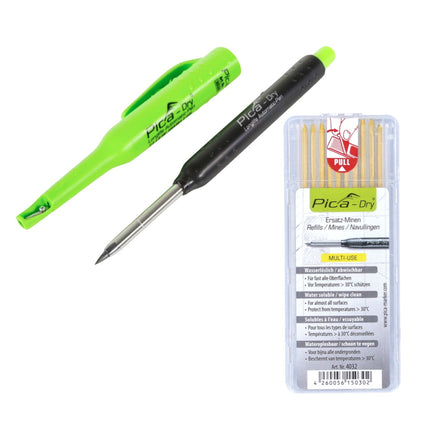 Pica DRY Longlife Automatic Pen Marqueur pour trous profonds (3030) + kit de recharge - 10 pièces jaune soluble dans l'eau (4032)