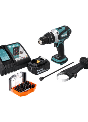 Taladro percutor inalámbrico Makita DHP 458 RF1 18 V 91 Nm + 1x batería 3,0 Ah + cargador + juego de puntas 44 piezas