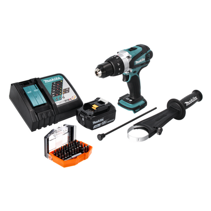Makita DHP 458 RF1 Perceuse-visseuse à percussion sans fil 18 V 91 Nm + 1x Batterie 3,0 Ah + Chargeur + Jeu d'embouts - 44 pièces