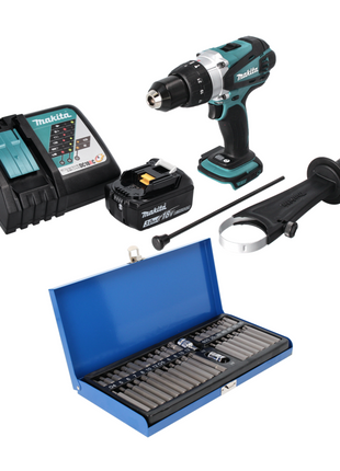 Taladro percutor inalámbrico Makita DHP 458 RF1 18 V 91 Nm + 1x batería 3,0 Ah + cargador + juego de puntas 40 piezas