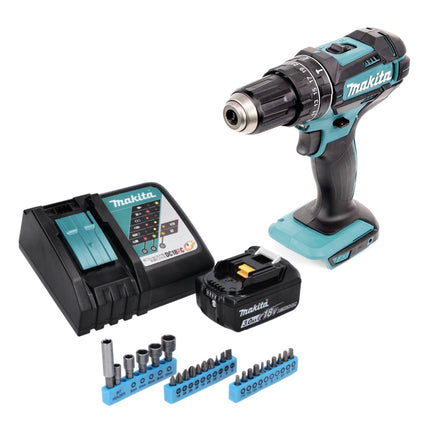 Makita DHP 482 RF1 Perceuse-visseuse à percussion sans fil 18 V 62 Nm + 1x Batterie 3,0 Ah + Chargeur + Jeu de 26 douilles à embouts