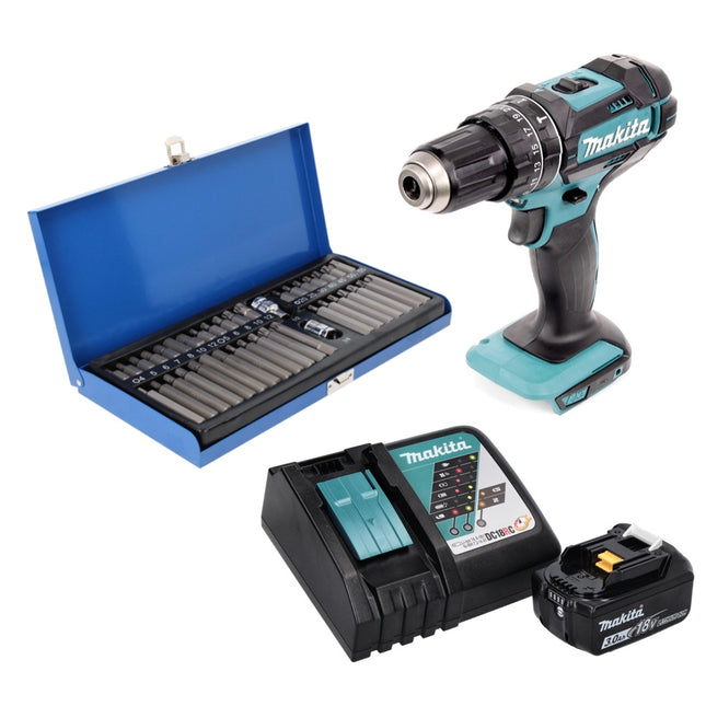 Makita DHP 482 RF1 Perceuse-visseuse à percussion sans fil 18 V 62 Nm + 1x Batterie 3,0 Ah + Chargeur + Jeu d'embouts - 40 pièces
