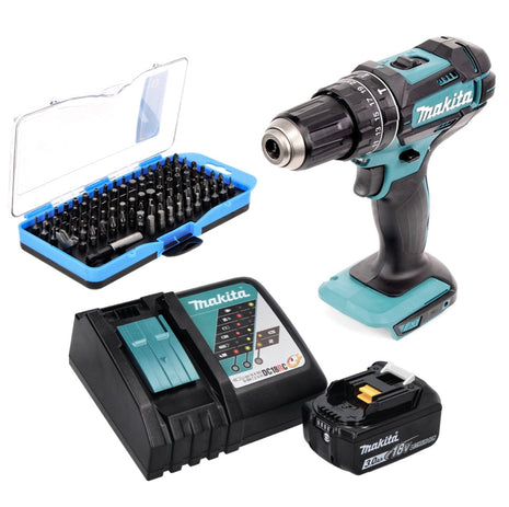 Taladro percutor inalámbrico Makita DHP 482 RF1 18 V 62 Nm + 1x batería 3,0 Ah + cargador + juego de puntas 100 piezas