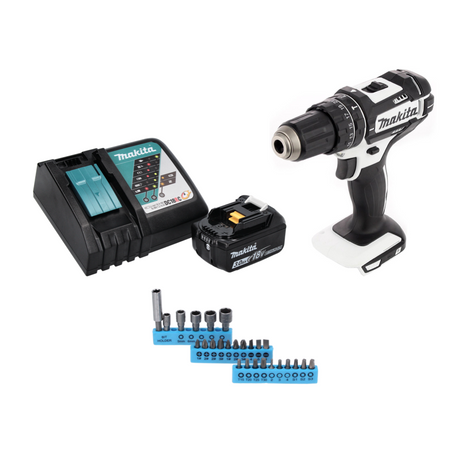 Taladro percutor inalámbrico Makita DHP 482 RF1W 18 V 62 Nm + 1x batería 3,0 Ah + cargador + juego de puntas 26 piezas