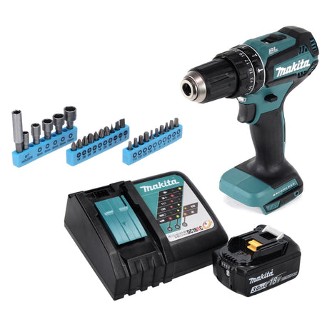 Taladro percutor inalámbrico Makita DHP 485 RF1 18 V 50 Nm sin escobillas + 1x batería 3,0 Ah + cargador + juego de llaves de vaso de 26 piezas