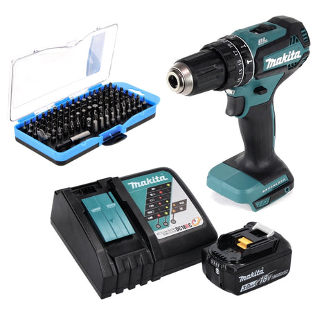 Taladro percutor inalámbrico Makita DHP 485 RF1 18 V 50 Nm sin escobillas + 1x batería 3,0 Ah + cargador + juego de puntas de 100 piezas