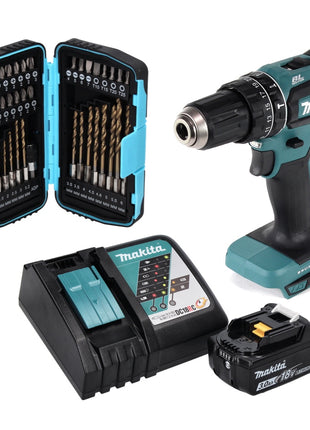 Taladro percutor inalámbrico Makita DHP 485 RF1 18 V 50 Nm sin escobillas + 1x batería 3,0 Ah + cargador + juego de brocas de 40 piezas