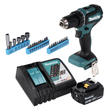 Makita DDF 485 RF1 Perceuse visseuse sans fil 50 Nm, 18 V, sans balais + 1x Batterie 3,0 Ah + Chargeur + Set de douilles à embouts 26 pièces