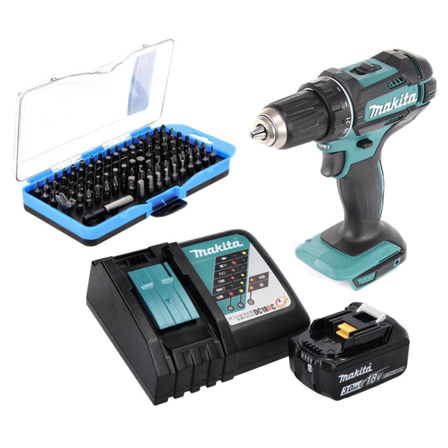 Makita DDF 482 RF1 perceuse-visseuse sans fil 18 V 62 Nm + 1x batterie 3,0 Ah + chargeur + jeu d'embouts 100 pièces