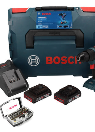 Bosch GSB 18V-55 Professional taladro percutor inalámbrico 18 V 55 Nm sin escobillas + 2 baterías 2,0 Ah + cargador + L-Boxx (06019H5370) + juego de puntas Bosch de 32 piezas en una robusta caja gris (2607017319)