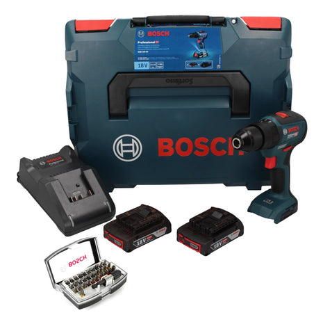 Bosch GSB 18V-55 Professional perceuse à percussion sans fil 18 V 55 Nm sans balais + 2x batteries 2,0 Ah + chargeur + L-Boxx (06019H5370) + jeu d'embouts Bosch 32 pièces dans un coffret robuste gris (2607017319)