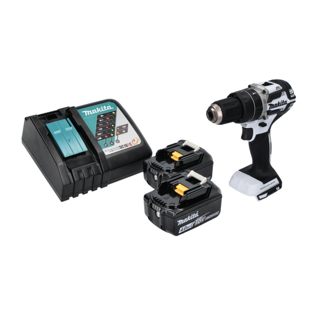Makita DHP 484 RM W perceuse à percussion sans fil 18 V 54 Nm sans balais blanc + 2x batteries 4,0 Ah + chargeur