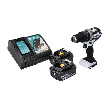 Makita DHP 484 RM W Taladro percutor inalámbrico 18 V 54 Nm sin escobillas blanco + 2x baterías 4,0 Ah + cargador