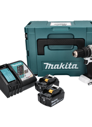 Makita DHP 484 RFJ W Perceuse-visseuse à percussion sans fil 18 V 54 Nm Brushless + 2x Batteries 3,0 Ah + Chargeur + Makpac