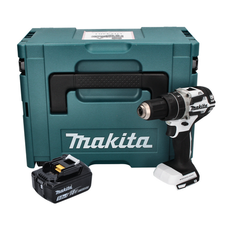 Makita DHP 484 T1J W Perceuse-visseuse à percussion sans fil 18 V 54 Nm Brushless + 1x Batterie 5,0 Ah + Makpac - sans chargeur