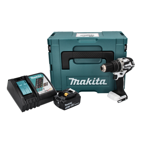 Makita DHP 484 RT1J W Taladro percutor inalámbrico 18 V 54 Nm sin escobillas blanco + 1x batería 5,0 Ah + cargador + Makpac