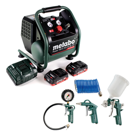 Compresor de batería Metabo Power 160-5 18 LTX BL OF 18 V 8,0 bar sin escobillas + 2x batería 4,0 Ah + cargador + set de accesorios 4 piezas