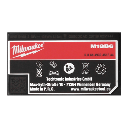Milwaukee M18 B6 18 V Batterie 6,0 Ah / 6000 mAh ( 4932451244 )
