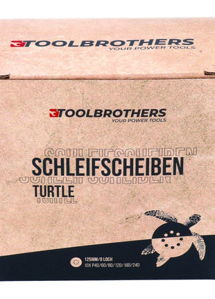 Toolbrothers TURTLE Schleifset 125mm Klett 8 Loch je 10x P40 / P60 / P80 / P120 / P180 / P240 für Hartholz, Weichholz, Lack, Stein, Stahl, Aluminium, Furnier - Toolbrothers